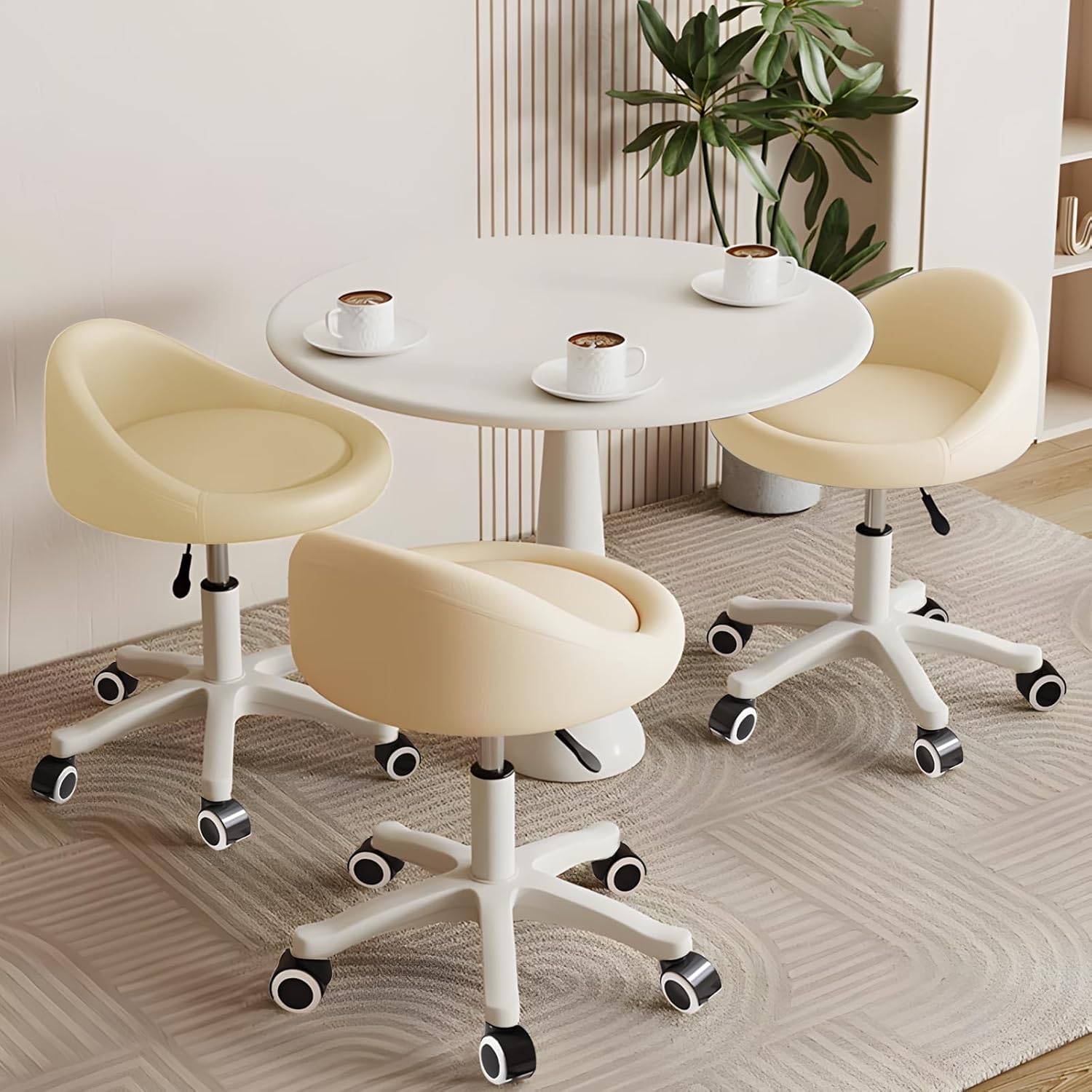 Rolling Stool Set of 3 Rolling Hydraulic Salon Stool with Low Backrest - Adjustable Swivel Chair for SPA, Shop, Salon, Massage, or Medical Office Beige