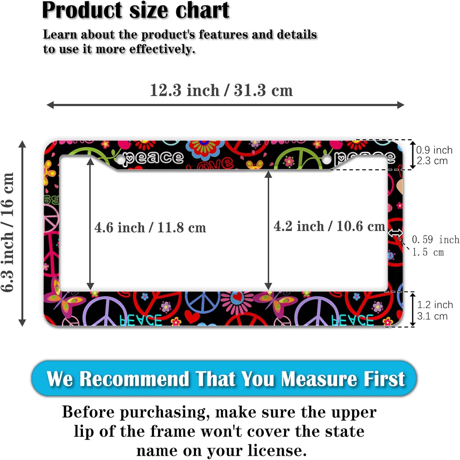 Car License Plate Frame Multicolor License Plate Frames Hippies Peace Flower Aluminum Metal Car Accessory 2 Pack with Screw Covers Set