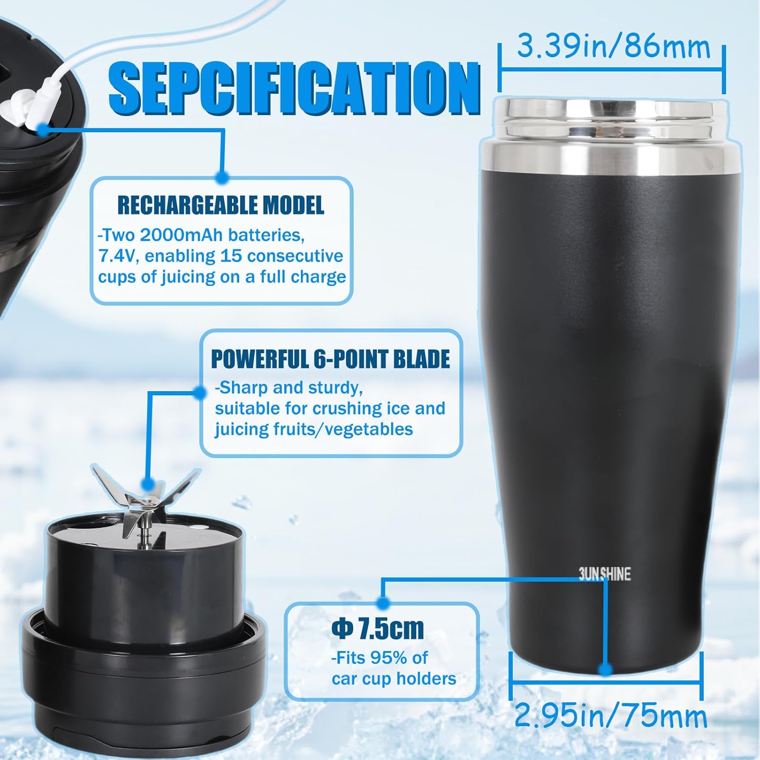 Ice Shave 2-in-1 Stainless Steel Vacuum Tumbler & Cordless Blender - 28oz, Leak Resistant, Cold 24Hrs/Ice 2 Days, 120 Watts with Waterproof Charging - For Smoothies, Home/Office/Car, Black