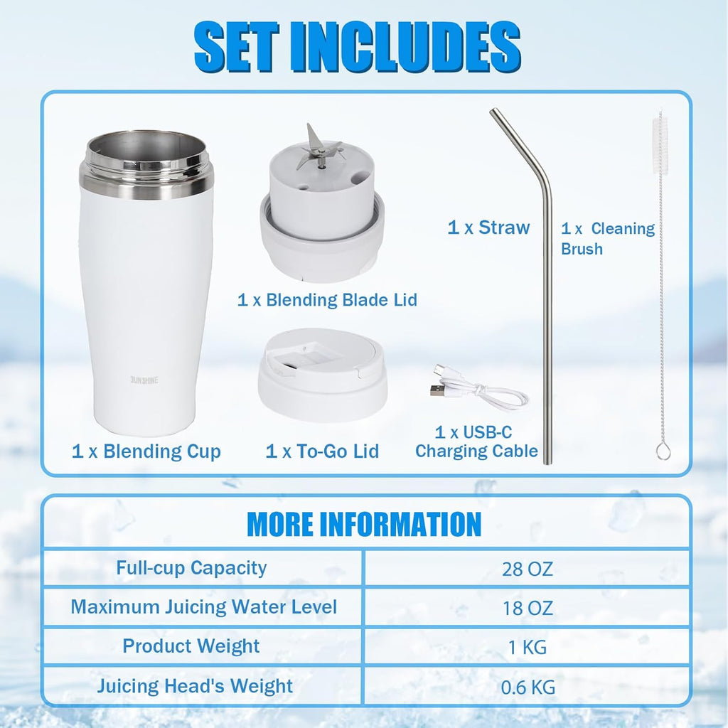 Ice Shave 2-in-1 Stainless Steel Vacuum Tumbler & Cordless Blender - 28oz, Leak Resistant, Cold 24Hrs/Ice 2 Days, 120 Watts with Waterproof Charging - For Smoothies, Home/Office/Car, White