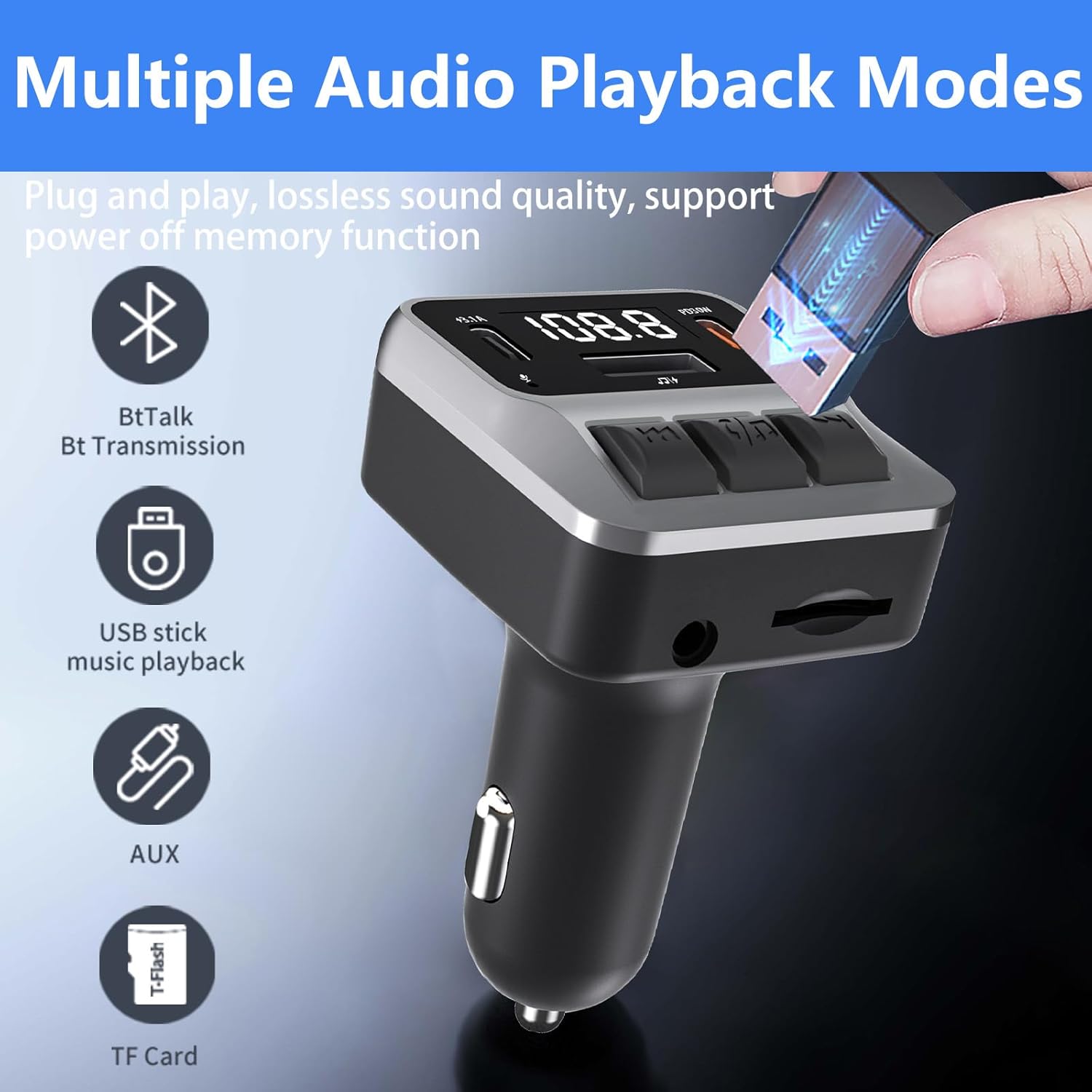 Bluetooth 5.3 FM Transmitter for Car, Bluetooth Car Adapter with Dual Type-C PD(30W) Charger Port and QC3.0 USB Port, Handsfree Calling and Audio Receiver, Support AUX, U Disk, TF Card