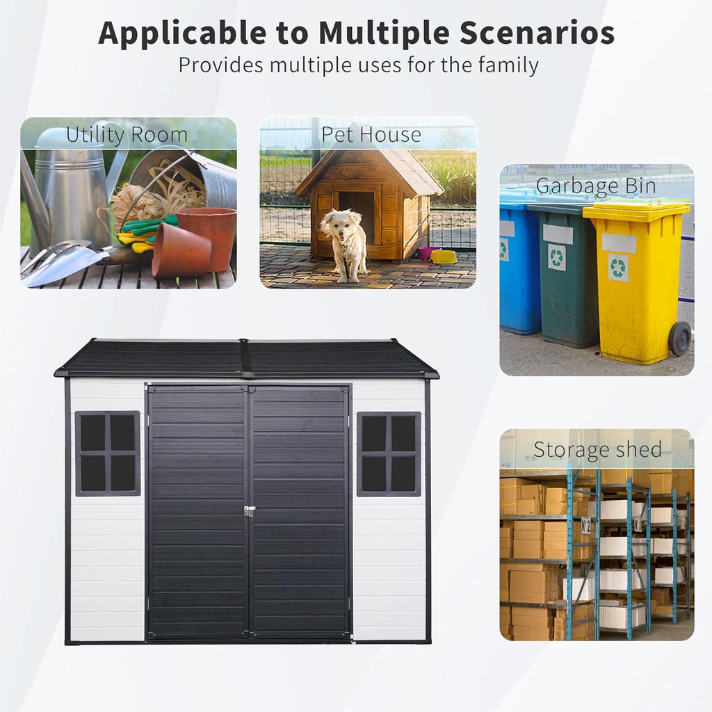 8x6 FT Outdoor Storage Resin Shed with Floor,Waterproof Plastic Garden Bike Shed with Lockable Door, Sloped Roof, Vents & Windows, Easy Assembly Tool Shed for Lawn, Backyard, Patio, White
