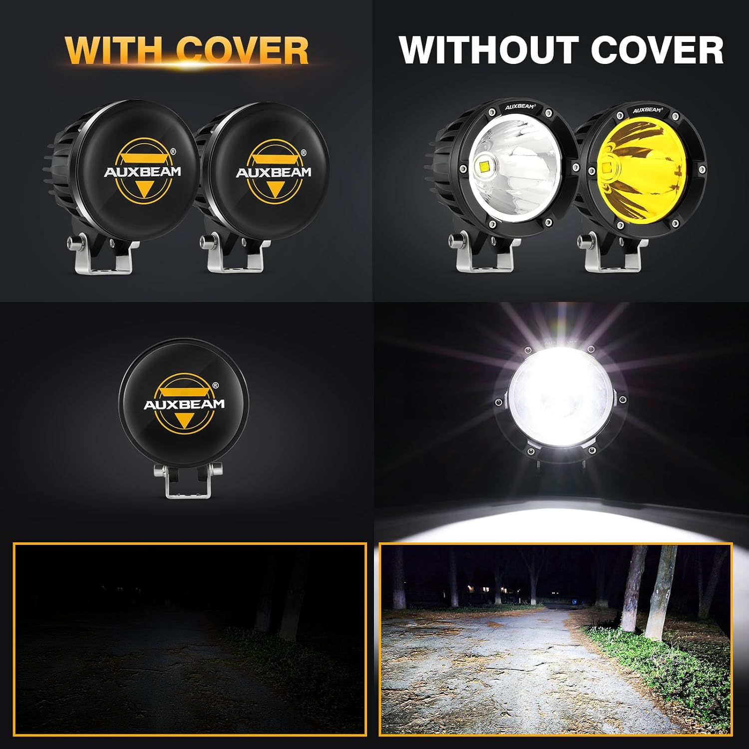 Auxbeam C4 Series 4 Inch Black Protective Light Covers, Round Offroad LED Pods Lens Cap, On Road & Off Road, Polycarbonate Plastic, Snap-On Design, 2 Packs
