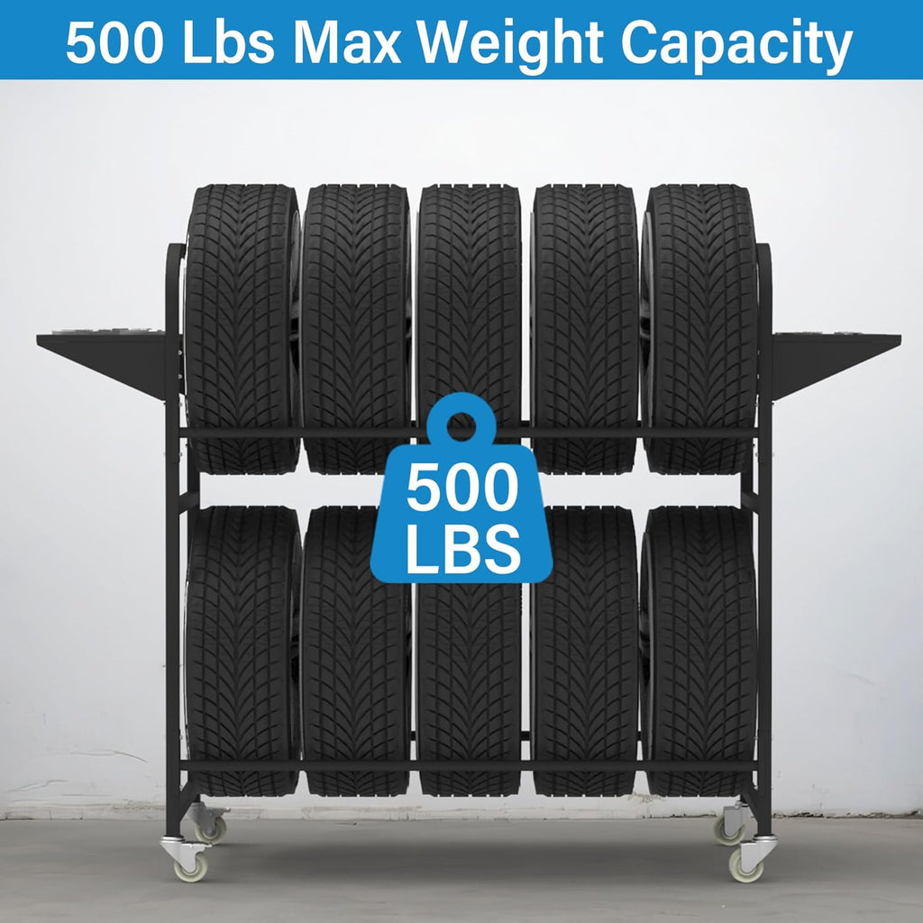 Tire Storage Rack 57" x 55.1" x 20" w/Anti-dust Cover, Adjustable Rolling Tire Rack for Garage Black w/4 Swivel Casters & 2 Storage Shelf for Garage Storage