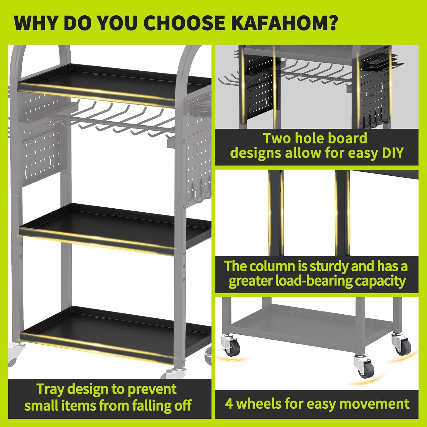 KAFAHOM Power Tool Organizer - 4 Tier Rolling Tool Cart with 8-12 Drill Holder,Tool Storage Cart on Wheels - Heavy Duty Metal Utility Tool Shelf for Garage, Workshop, Warehouse & Repair Shop