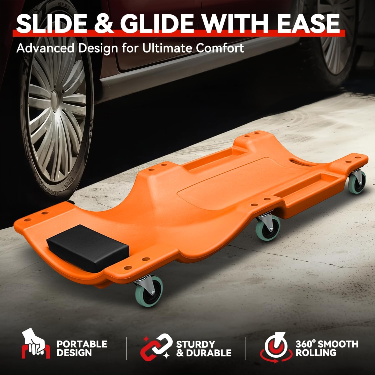 Auto Dynasty 40 Inches Mechanic Creeper, Automotive Garage Repair Low Profile Under Car Rolling Creeper with Padded Headrest, Plastic, Orange