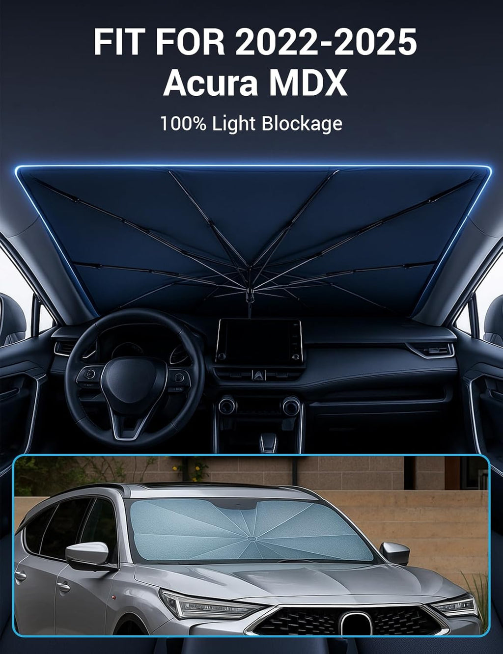 Proadsy Windshield Sun Shade Umbrella for Acura MDX 2022-2025 2026 Foldable Car Umbrella Sunshade with Soft TPU Handle Spring Structure Crystal Cooling Material Protect Car from Rays & Heat