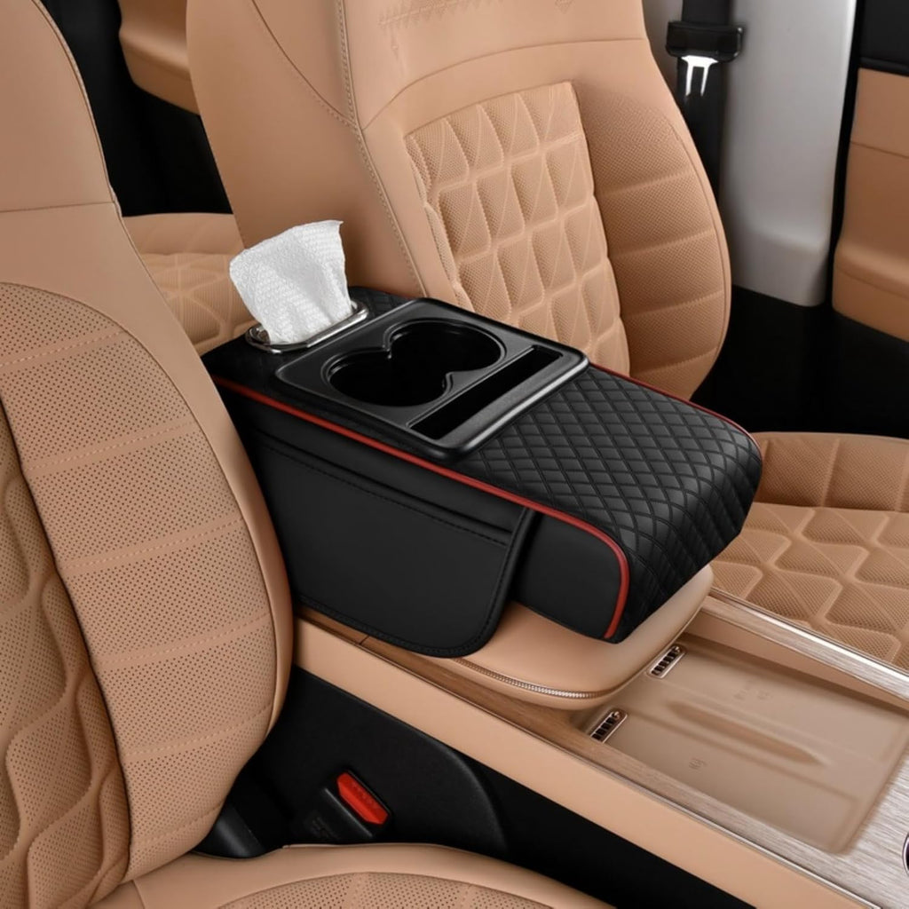Car Center Console Cover Booster Multifunctional Car Center Console Cushion Pad with Cup Holder & Tissue Box & Side Pockets Arm Rest Cover for Car, Embossed, Black-red