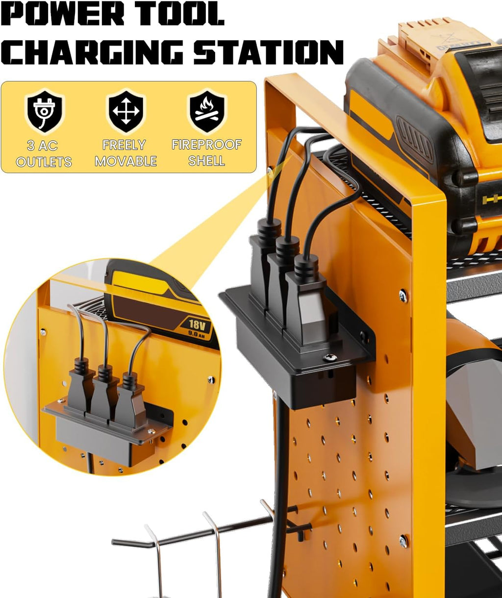 Heavy-Duty 48" Wall Mount Power Tool Organizer with Charging Station – 3-Tier Garage Organization Rack for Drills, Wrenches & Tools – Includes 16 Hooks & Pegboard Sides