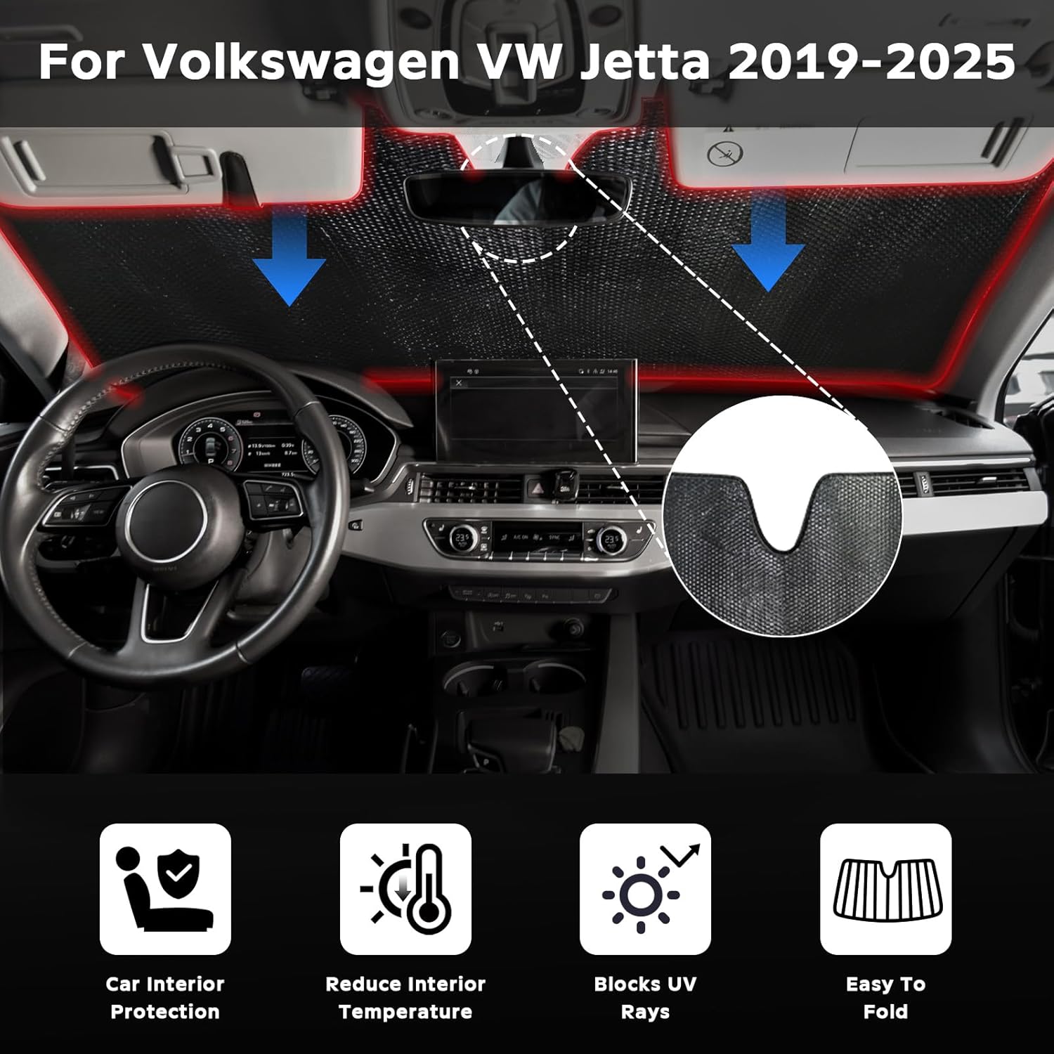 Windshield Sun Shade for Volkswagen VW Jetta 2019-2025 - 5-Layer Bubble Foldable Front Window Shade Sun Visor Accessories - Blocks Heat & UV Rays