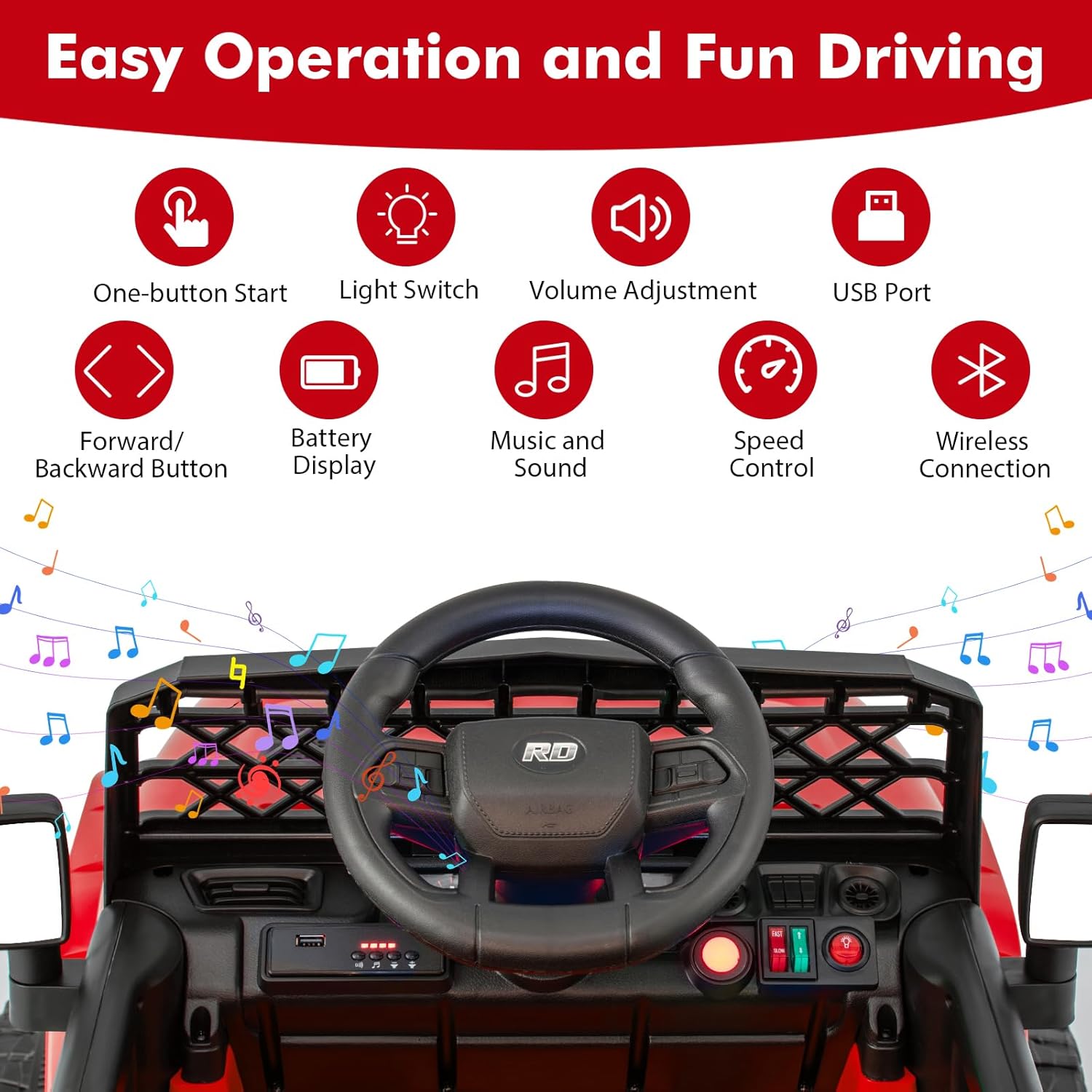 Costzon Kids Ride On Truck, 12V Battery Powered Electric Vehicles w/Remote Control, Spring Suspensions, 3 Speeds, Music, Lights, Wireless Connection, Ride on Car for Boys & Girls 3+ (Red)