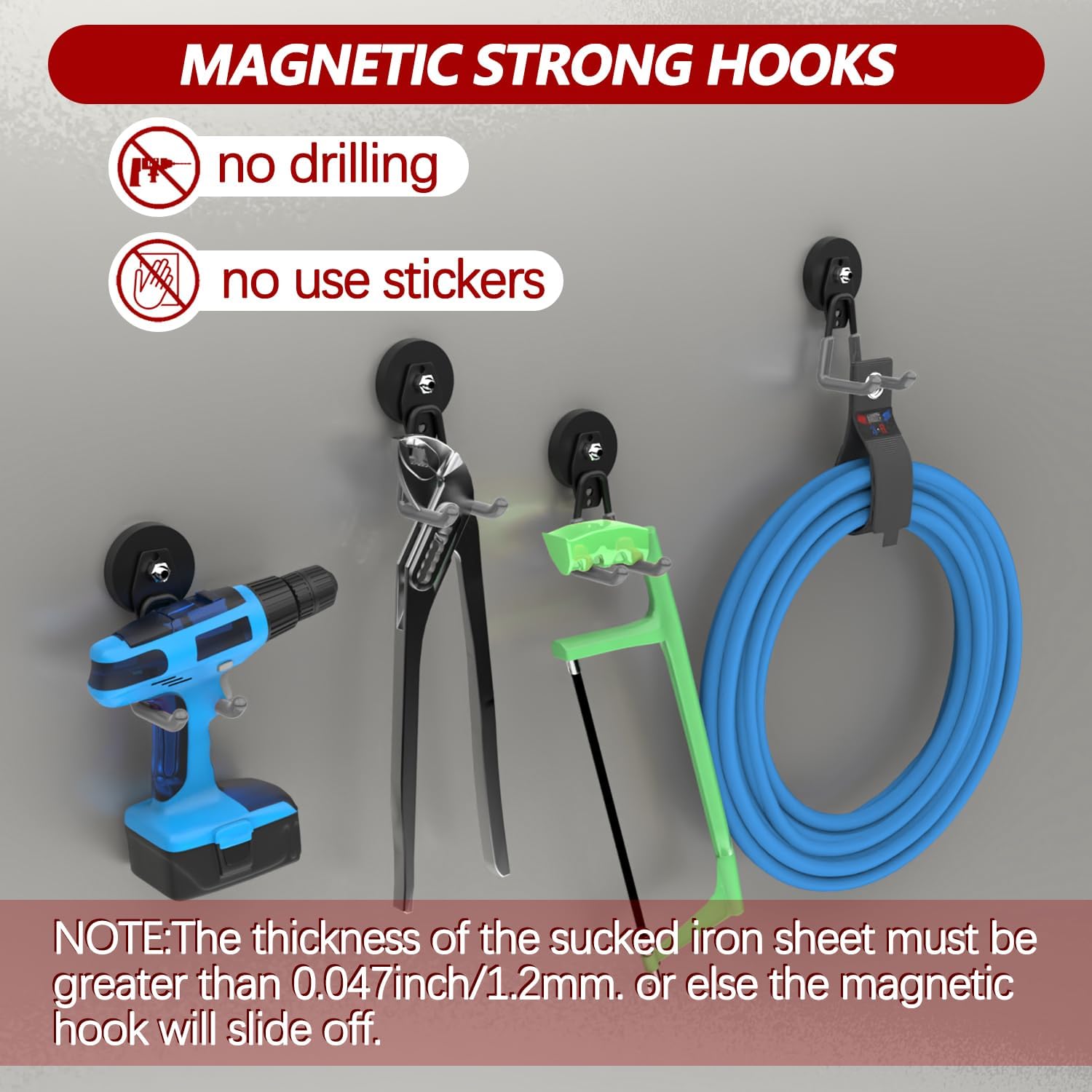3-H Heavy Duty Magnet Garage Hooks 4 Pack, Large Strong Magnetic Hooks for Hanging Cordless Power Drill, Utility Magnetic Tool Holder for Metal Cabinet, Steel Pegboard, Toolbox, Garage(Grey)