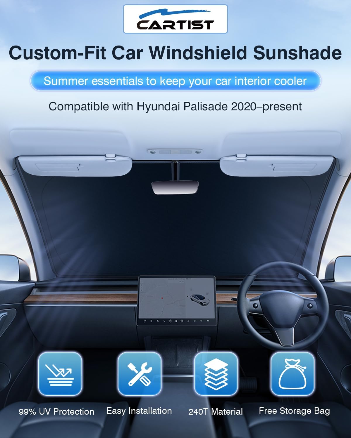 Cartist 5-Layer Windshield Sun Shade Custom Fit for Hyundai Palisade 2020-2025 2026 Accessories Foldable Car Front Window Sunshade Sun Visor Protector