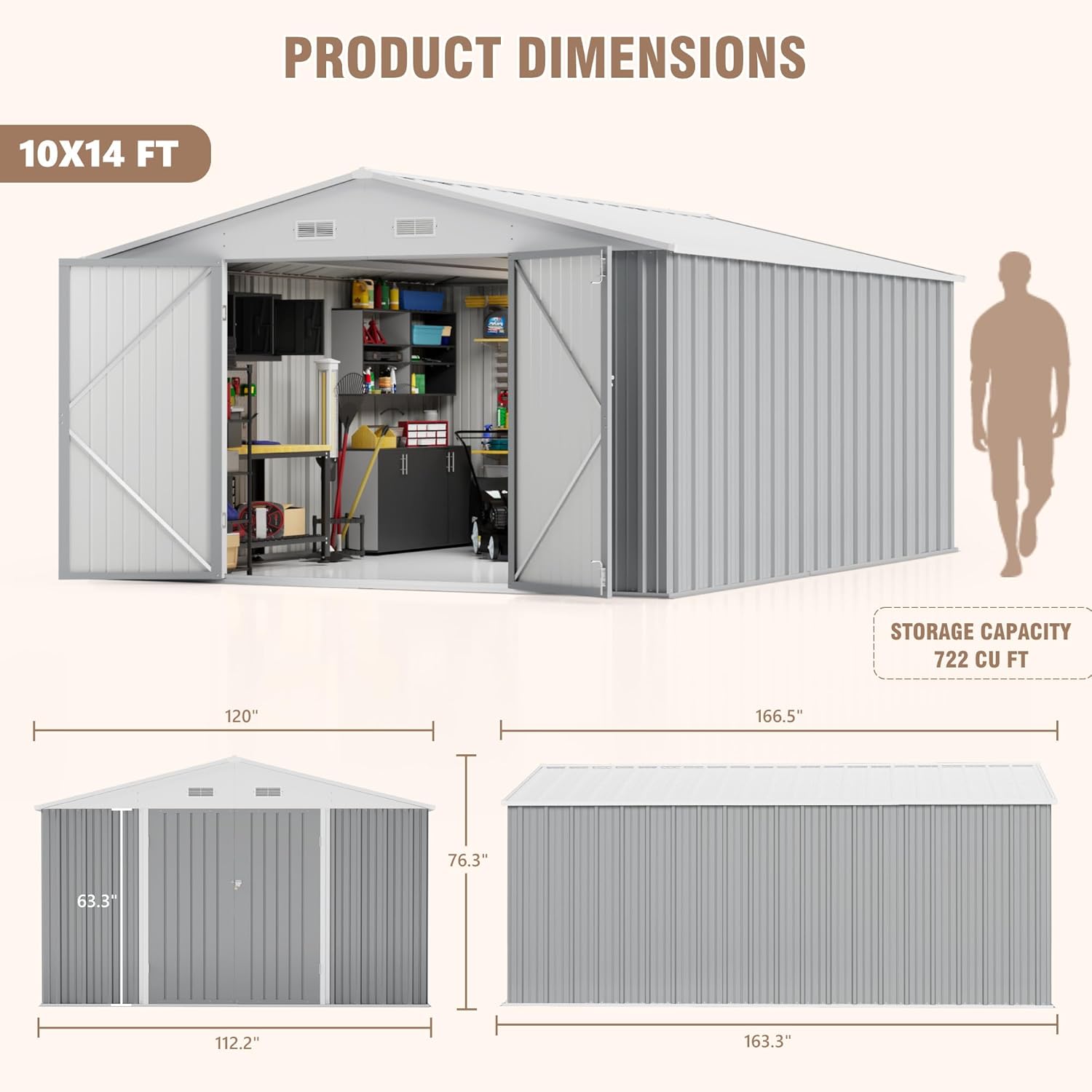 Greesum 10×14 FT Outdoor Storage Shed, Metal Storaged Sheds Without Floor, Tool Sheds with Lockable Doors and Sloping Roof for Garden, Patio, Backyard, Gray