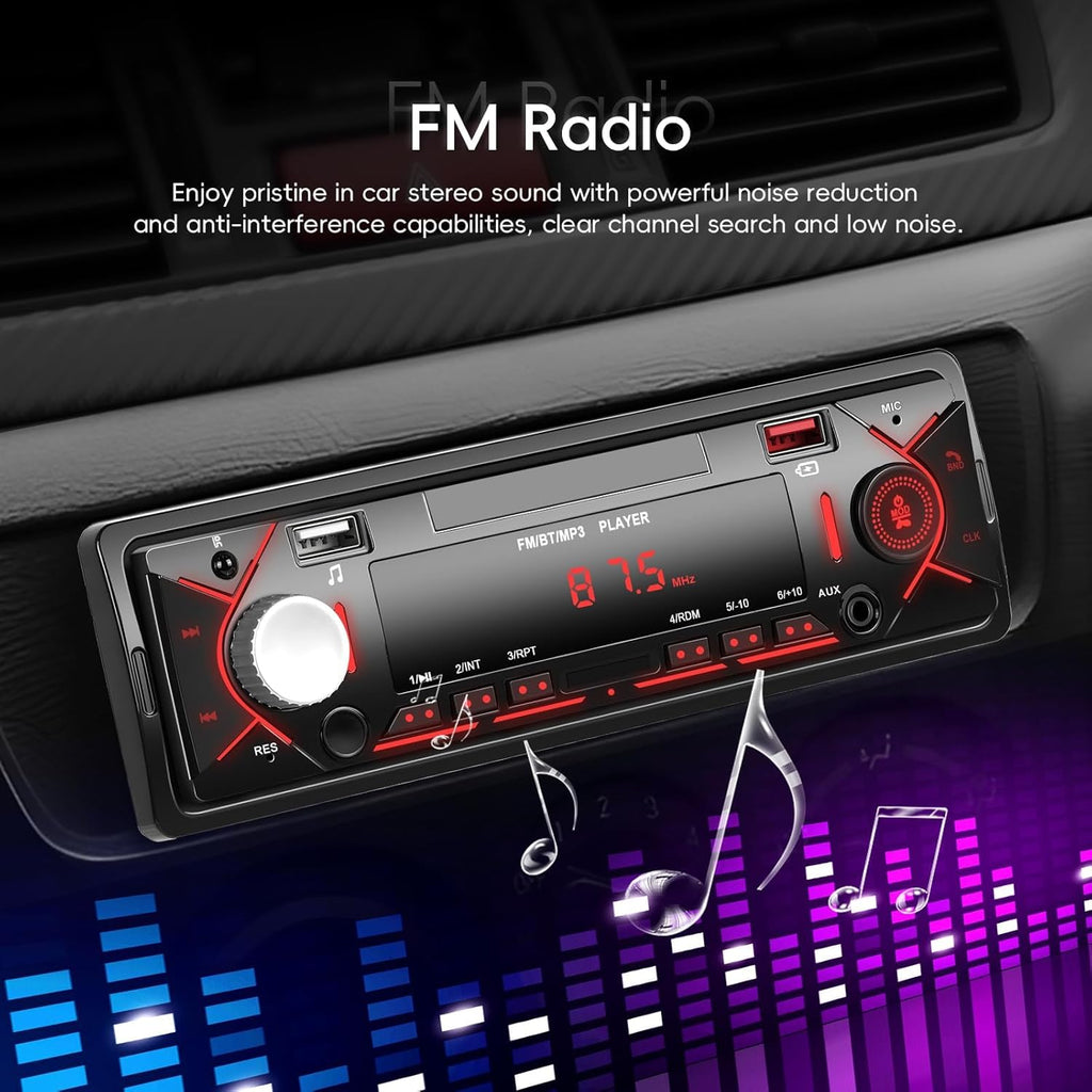 Car Radio Single Din Bluetooth Digital Car Stereo Receiver Hands-Free Calls Audio Multimedia System with 2 USB/AUX FM Radio USB Quick Charge MP3 Player