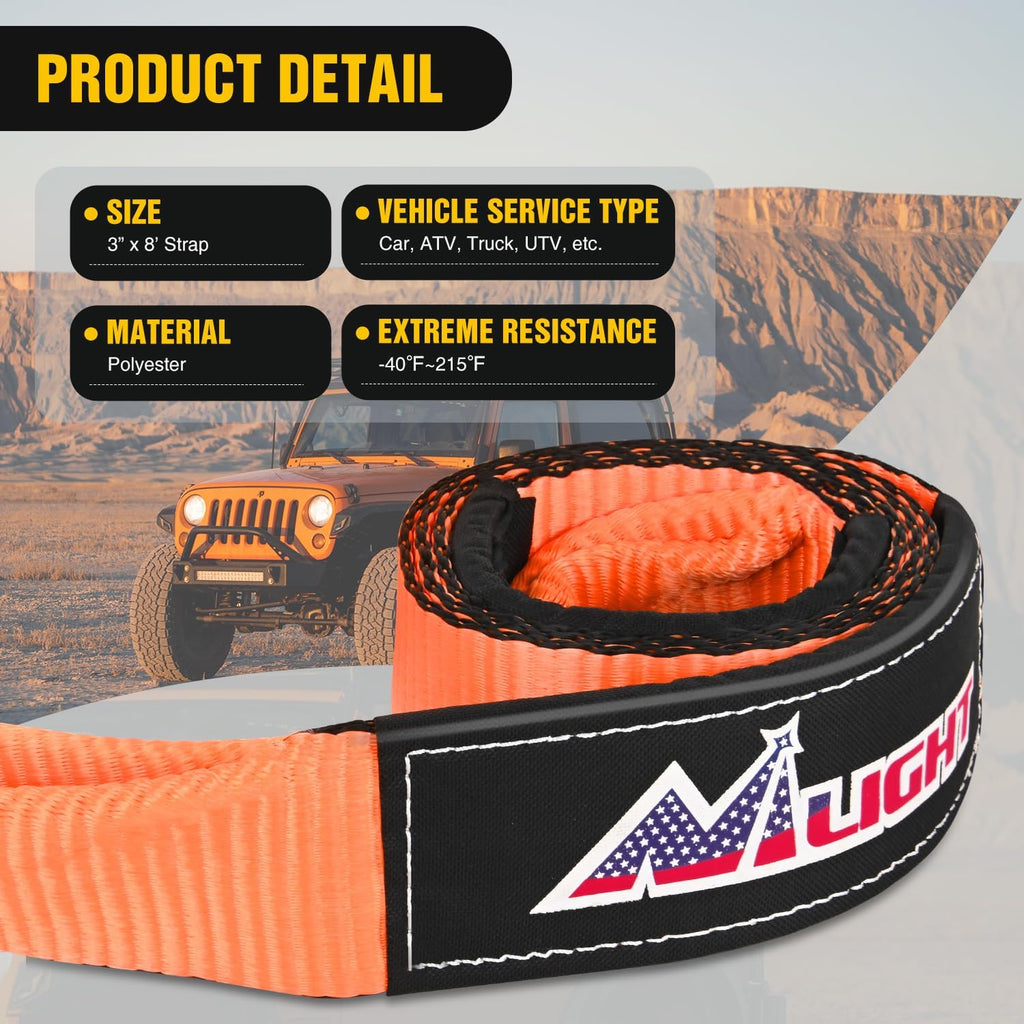 Nilight 3" x 8' Tree Saver Tow Strap Lab Tested 31,500lbs Break Strength Heavy Duty Off road Straps with Triple Reinforced Loop Emergency Towing Rope of Mind for SUV, UTV, ATV, Truck, 2 Years Warranty
