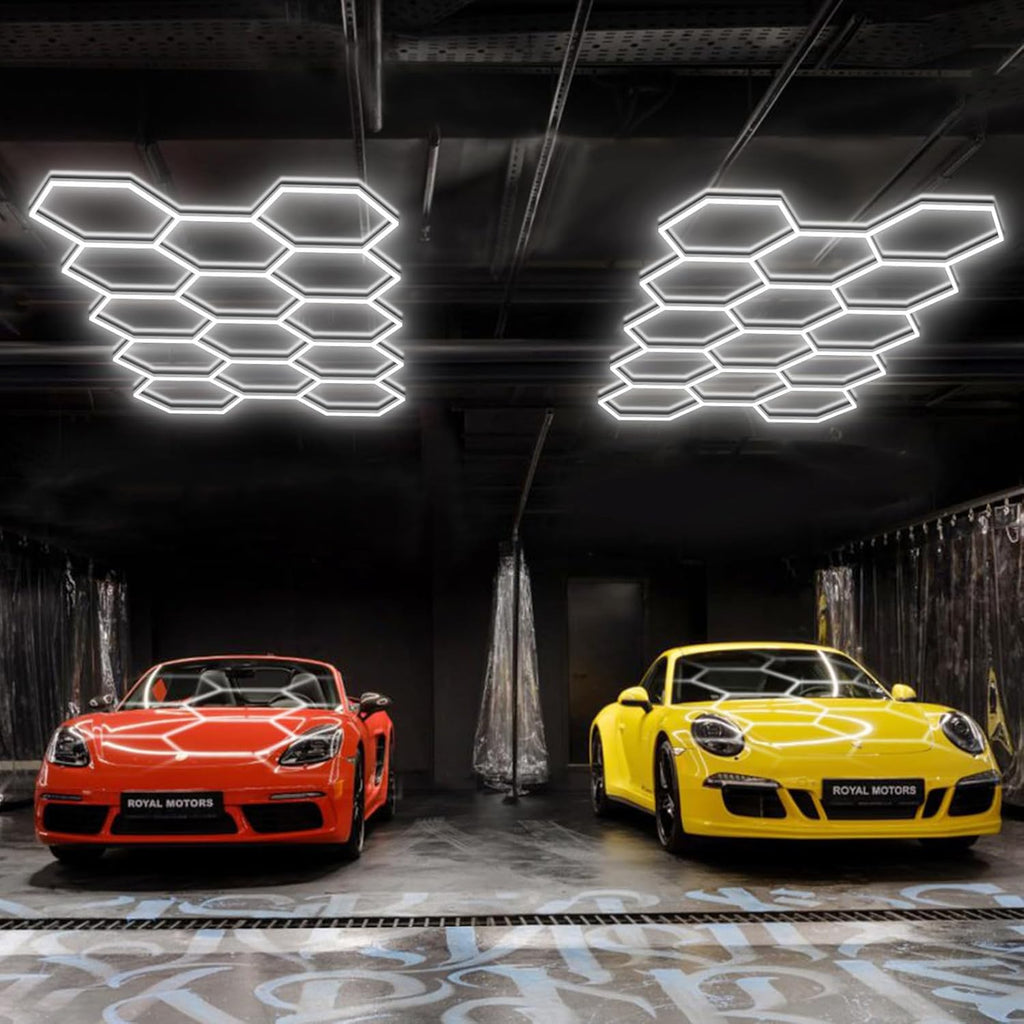 BRILLIHOOD Hexagon Garage Lights, LED Honeycomb Garage Lights, 456W, 54720LM, 6500K Super Bright, 14 Grid Systems Car Detailing Lighting for Warehouse Workshop Basement Gym