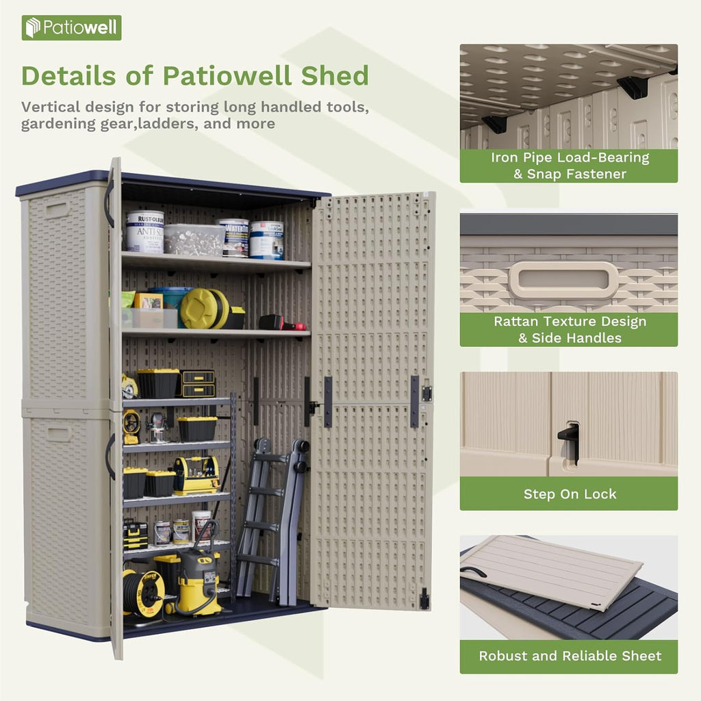 Patiowell 50 cu.ft Plastic Outdoor Storage Shed, Lockable Waterproof Resin Storage Cabinet Vertical Storage Shed for Garden Tools, Garbage Cans, Pool Supplies, Beige(Not Include Shelves)