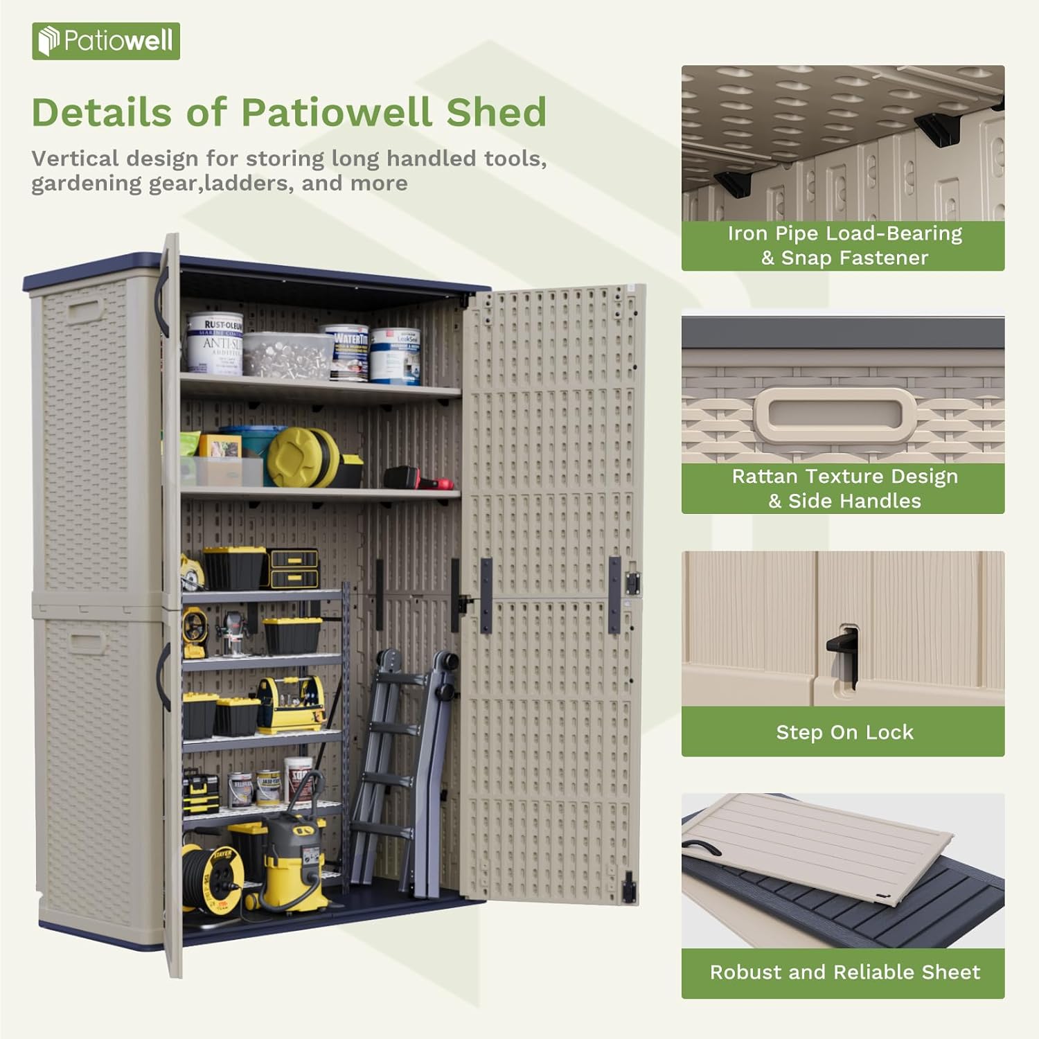 Patiowell 50 cu.ft Plastic Outdoor Storage Shed, Lockable Waterproof Resin Storage Cabinet Vertical Storage Shed for Garden Tools, Garbage Cans, Pool Supplies, Beige(Not Include Shelves)