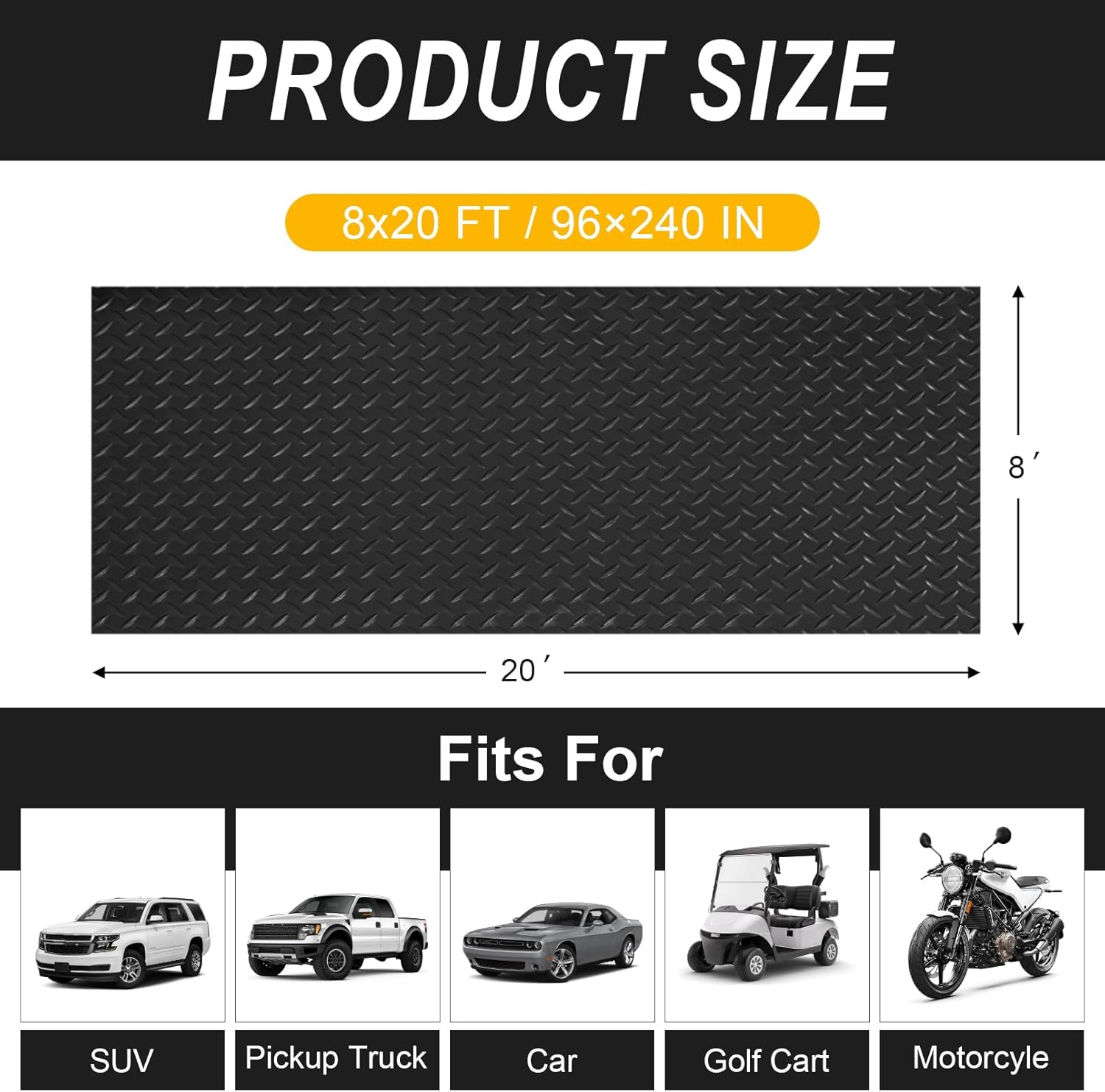 8x20 FT Garage Floor Mat, 2.8mm Thickened Flooring Roll Diamond Plate PVC Rubber Trailer Mat with 20 Pcs Tapes, Non-Slip Floor Protector Mat for Garage, Warehouse, Gyms, Trailer, Black
