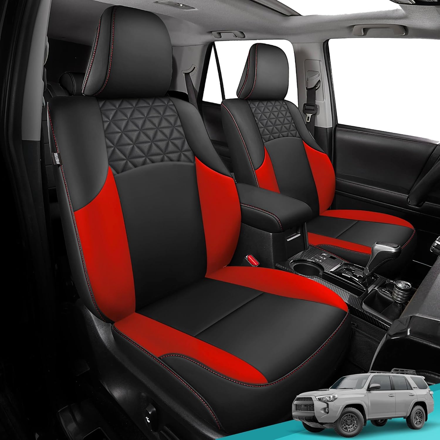 Seat Covers for Toyota 4Runner 2011-2024, Faux Leather Car Seat Cover Full Set, 3-Row-Only for 7 Seats Version-BlackRed