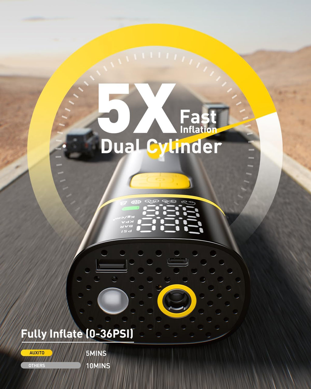 AUXITO A502 Portable Air Compressor - Tire Inflator for Car, Truck, Bike, Motorcycle with Digital Tire Pressure Gauge & LED Light