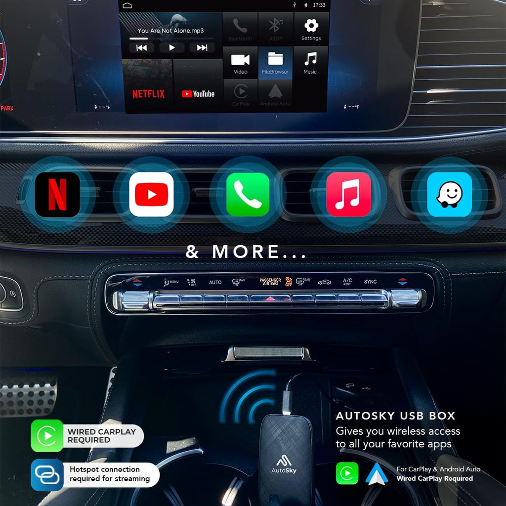 AutoSky Wireless CarPlay and Android Auto AI Box Lite for Factory Wired CarPlay Cars - Supports Netflix and YouTube Must use Hotspot - Go Wireless CarPlay and Android Auto. Wired CarPlay Required