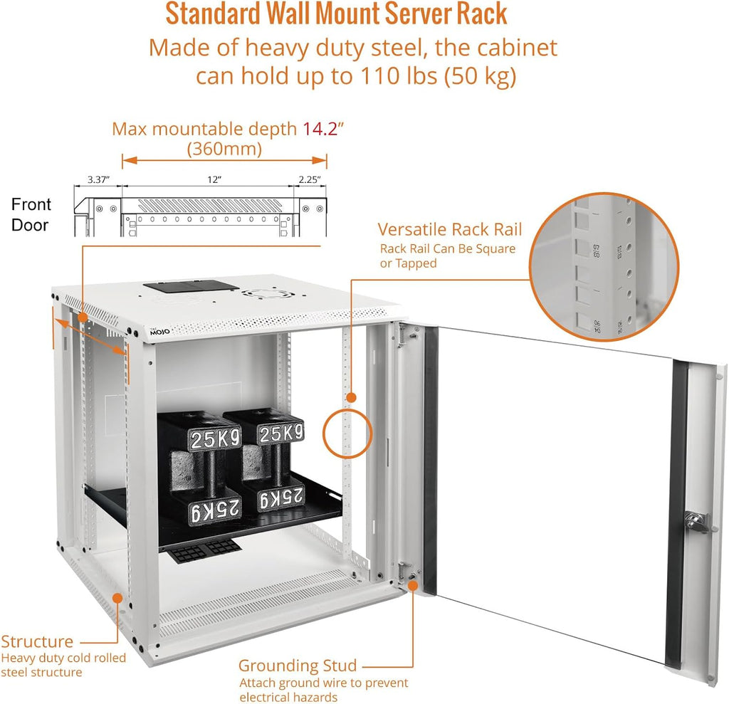 Tecmojo 12U Wall Mount Rack Network Cabinet for 19" IT Equipment,with Lockable Glass Door and Side Panels,Cooling Fan,17.7inch Depth,White