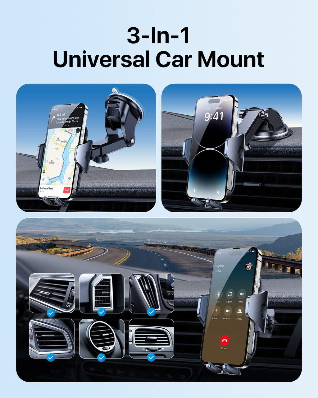 andobil Car Phone Mount [Ultra Stable & Big Phones Friendly] Cell Phone Holders for Your Car Dashboard Windshield Vent Truck, Car Phone Holder Mount for iPhone 16 15 14 13 12 Pro Max Samsung S24 S23
