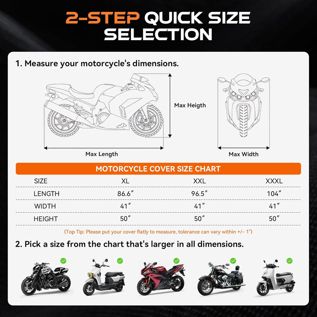 Motorcycle Cover Waterproof Outdoor, 300D Heavy Duty, UV & Rain Resistant, 3 Wind-Resistant Buckles, Dual Lock Holes, Includes Storage Bag, Fits Most Motorcycles/Scooters up to 86.6",Black