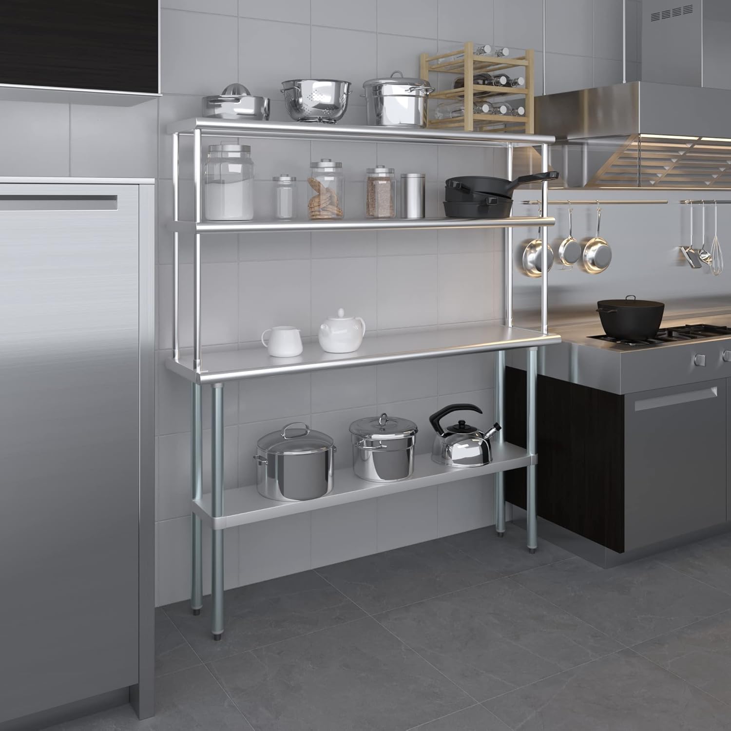 Amgood Stainless Steel Work Table Wide Double Tier Overshelf | NSF | Metal Kitchen Prep Table & Shelving Combo (14" x 60" Work Table + 12" Overshelf)