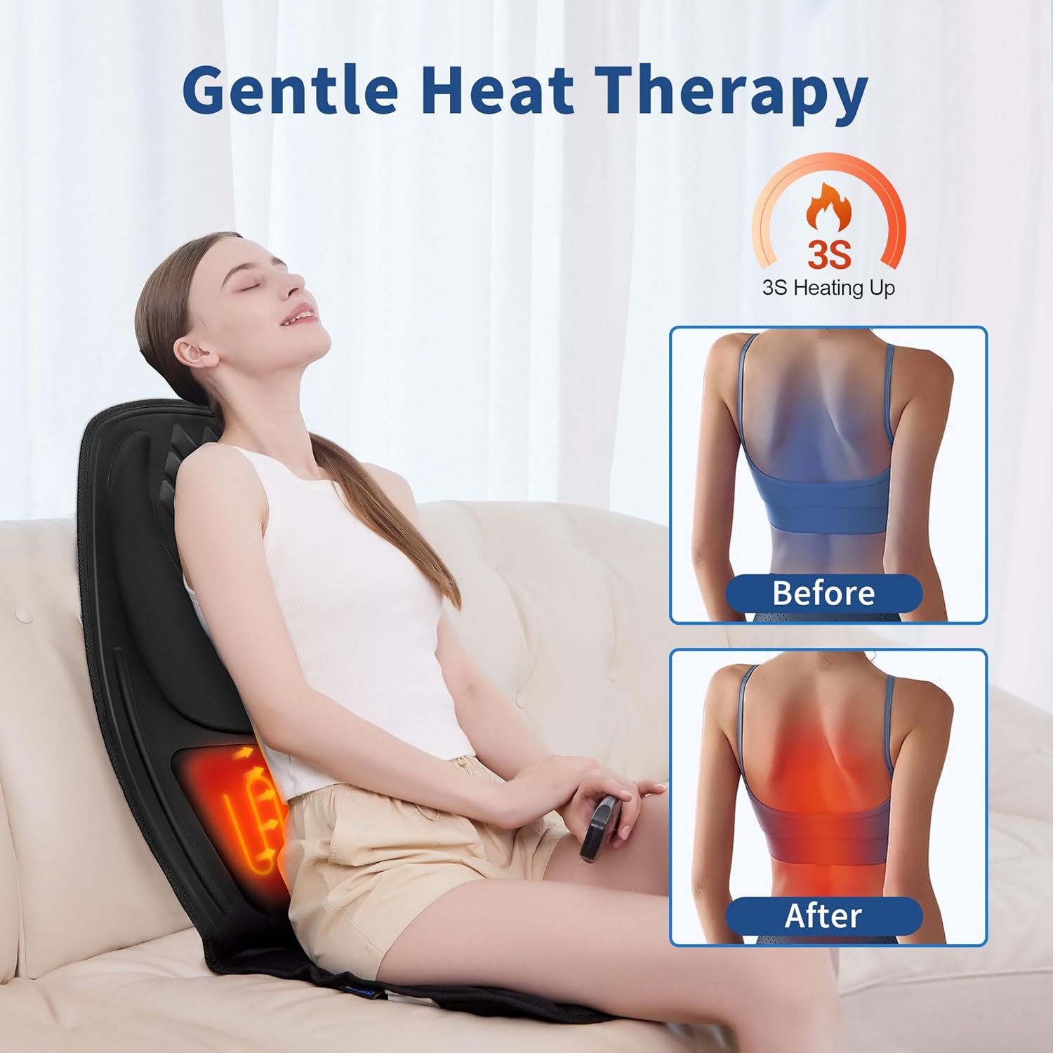 Back Massage Chair Pad with 3D Lumbar Support, Electric Back Massager for Pain Relief, Massage Seat Cushion with 3 Vibration Intensities & 2 Heat Levels