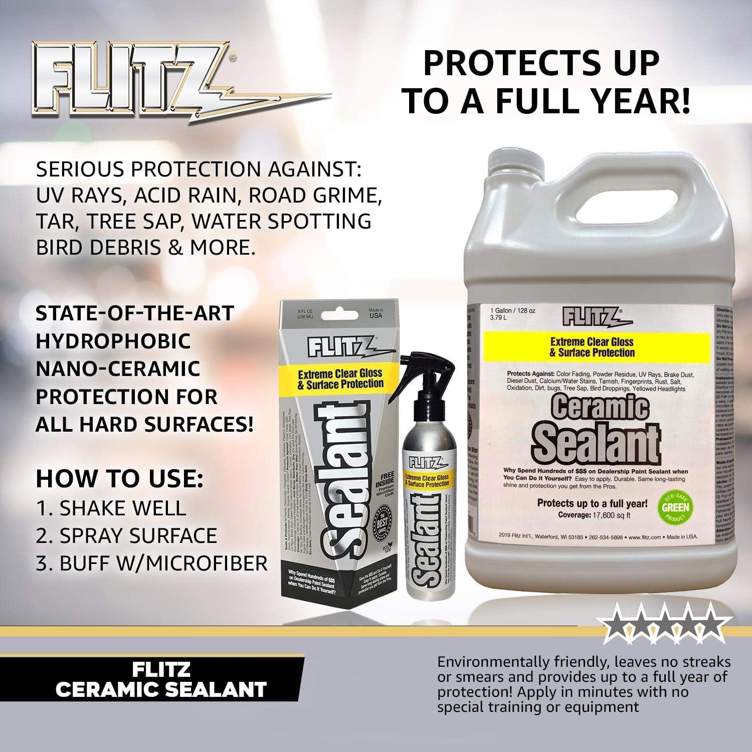 Flitz Ceramic Sealant - 8oz Bottle of USA-Made Ceramic Coating for Cars, Boats, Glass - Repels Water, Polishes, and Protects for 1 Year - Ceramic Car Spray (6 Pack)