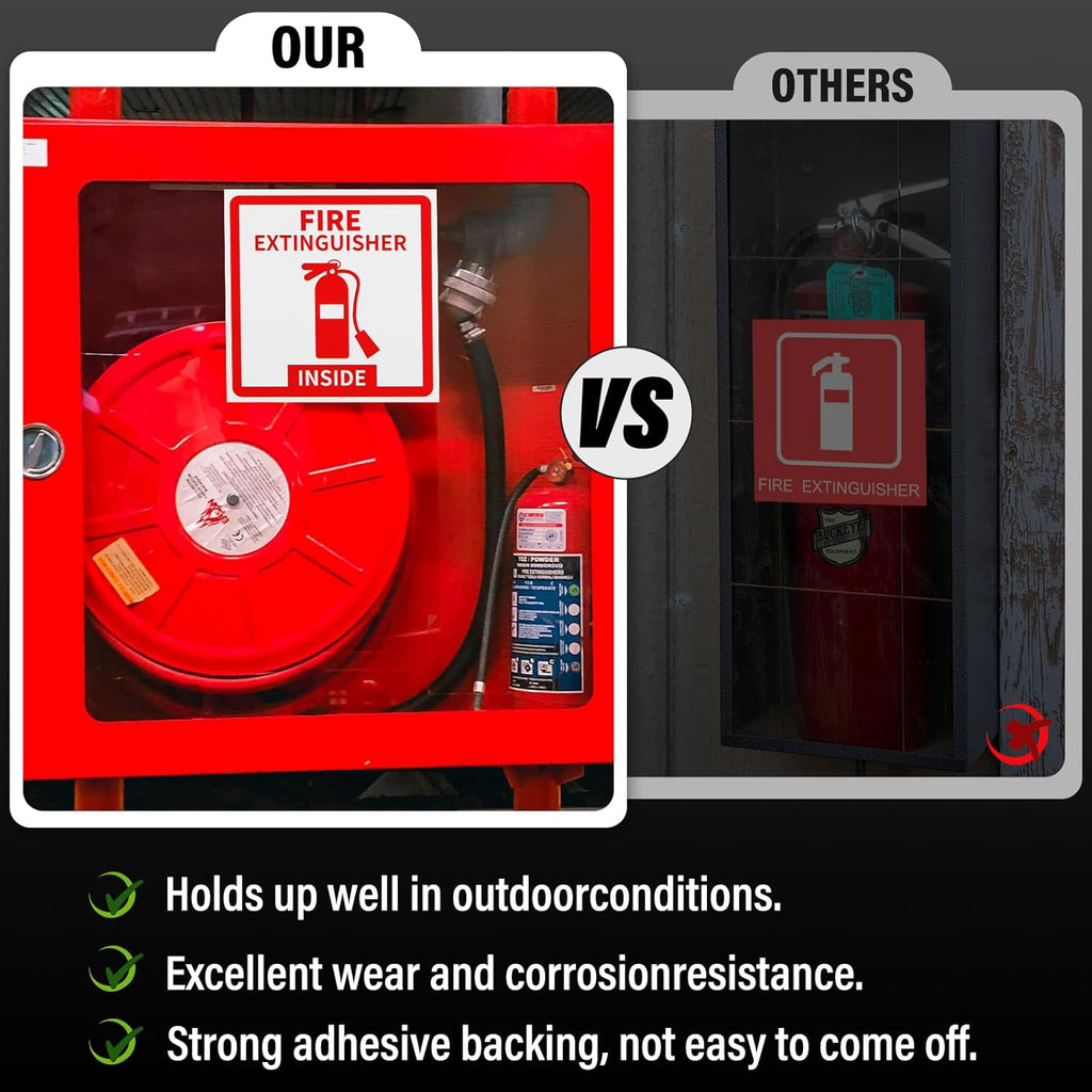 Madrigal Fire Extinguisher Inside Sticker Sign,8Pack 3x3" Self-Adhesive Vinyl, Weatherproof & UV Protected for Cars, Trailers, Rv's, Trucks and Vehicles, Red on White