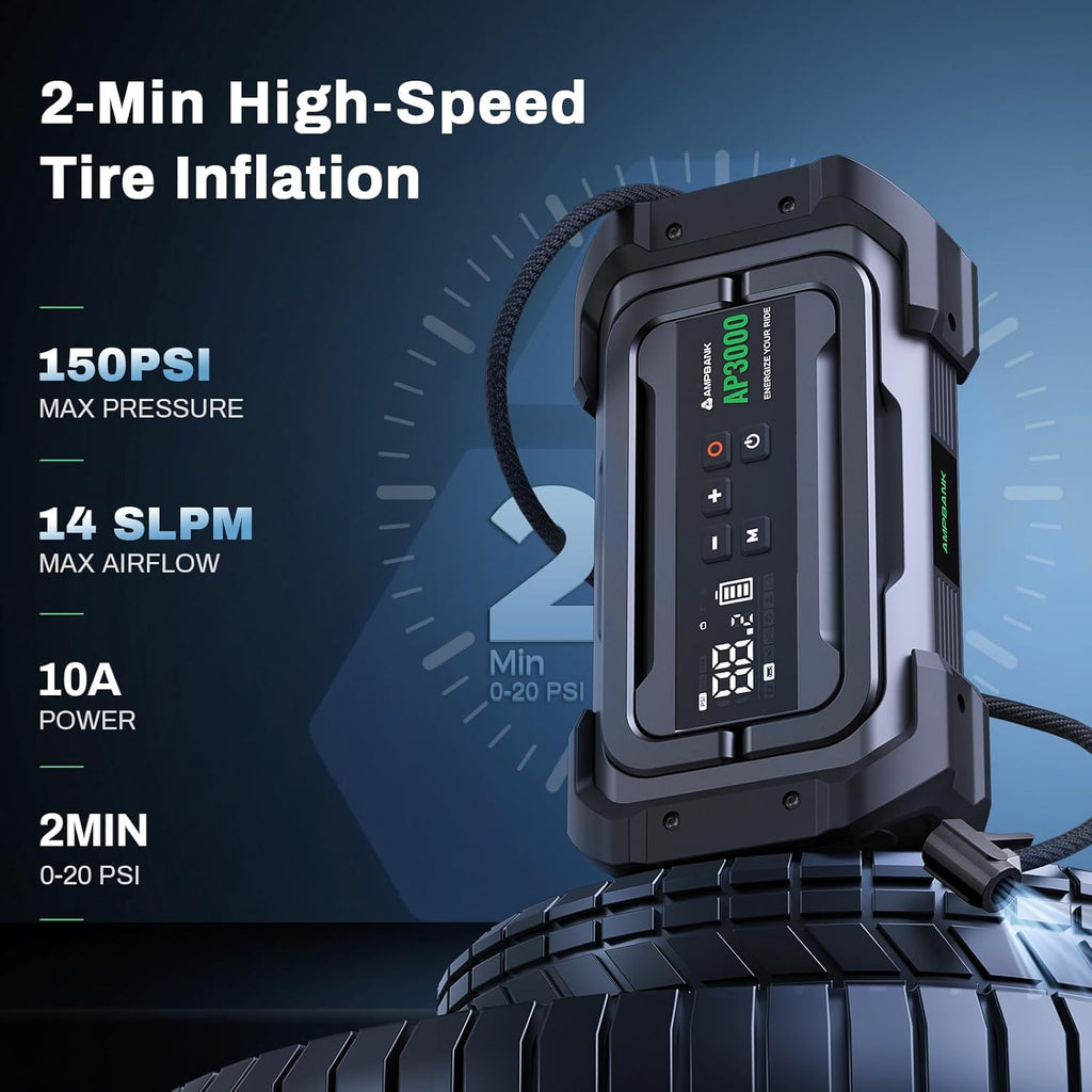 Jump Starter with Air Compressor, 3000A Portable Car Jump Starter with 150PSI Digital Tire Inflator, 12V Car Battery Booster Pack with LED Lighting, LCD Display