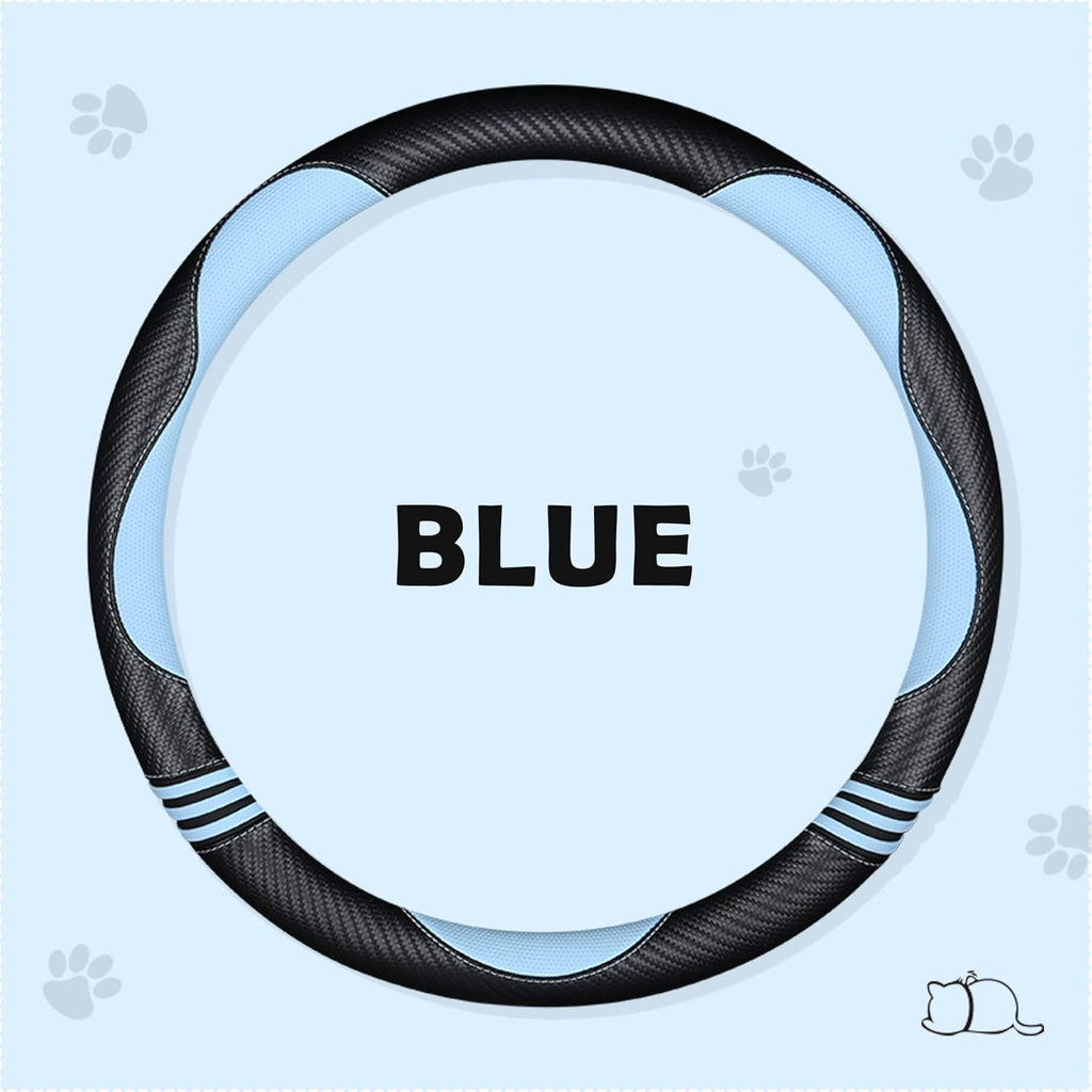 Car Steering Wheel Covers for Women Girl Padded Carbon Fiber PU Leather Cute Cartoon Auto Interior Accessories for Jeep, Truck, Universal, Anti Slip, Blue, Large Size 15.5-16"(39-41cm)
