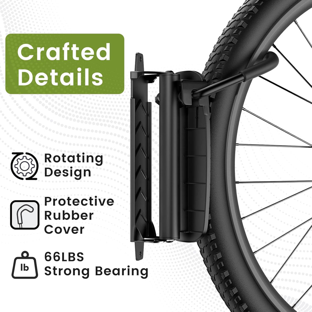 Swivel Bike Wall Mount [2 Pack], 150° Swivel Vertical Bike Rack Wall Hanger Holds up to 66lbs for Mountain/Road/Hybrid Bikes, Bike Hangers, Bicycle Storage Rack for Garage