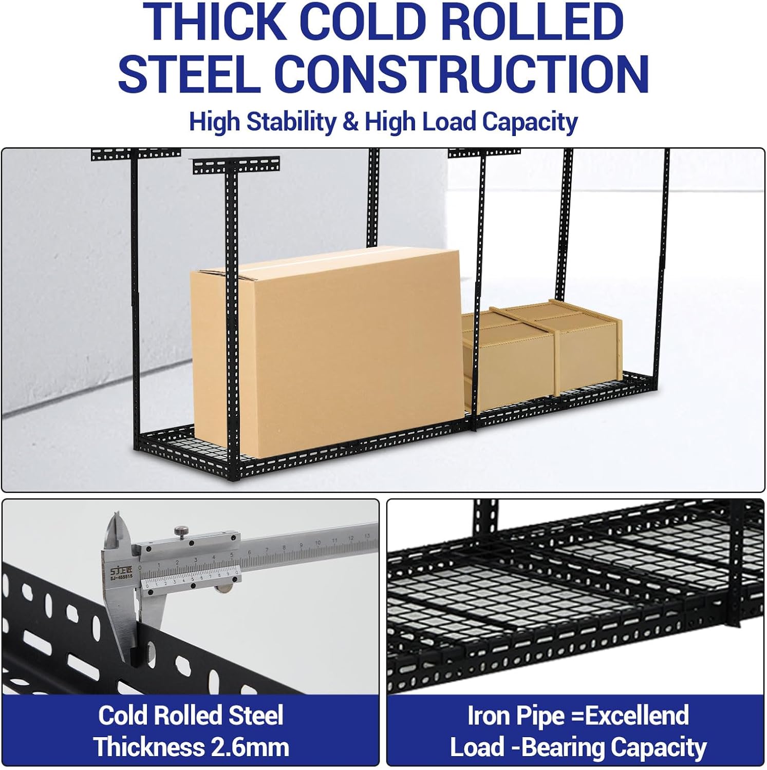 Overhead Garage Storage Rack 2x8 FT, Steel Ceiling Shelves 660lb Capacity, Height Adjustable 22-40 Inches, Space-Saving for Attic Basement Shed (Black, 6 Posts)