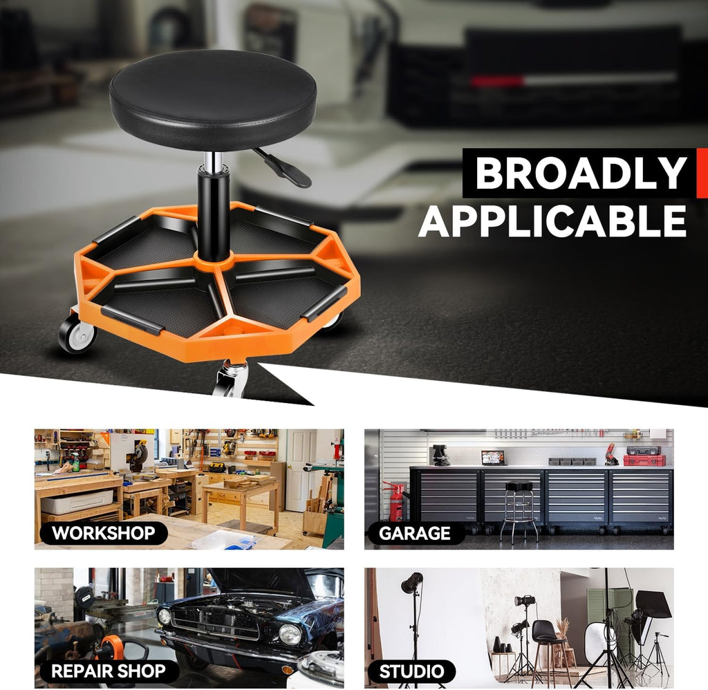 Auto Dynasty Mechanic Stool, Adjustable Rolling Pneumatic Creeper Garage Shop Seat with Tool Tray, 300 LBS Roller Seat for Workshop Auto Repair, Adjustable Height 15.7" to 21", Orange