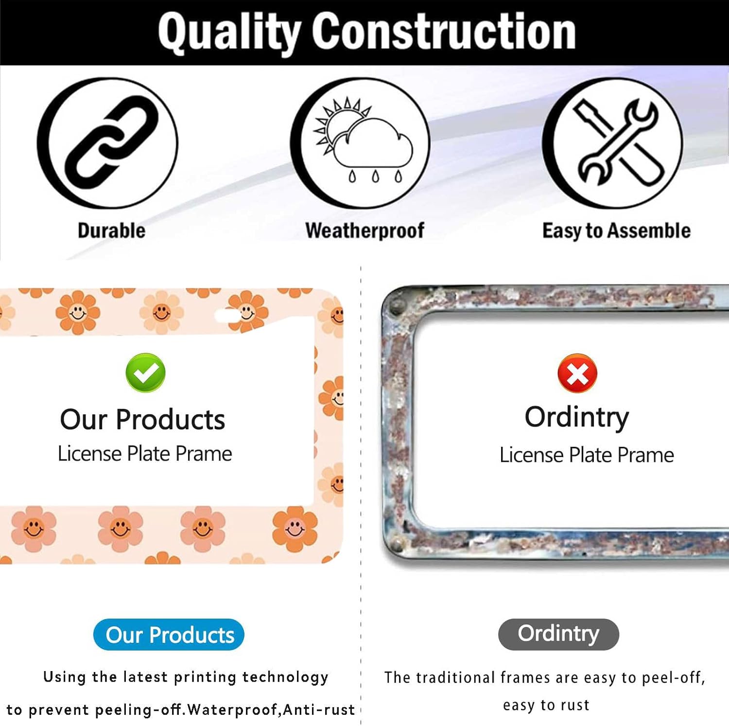 2 Pack Universal Smiley Face Flower License Plate Frame-Rustproof Aluminum Floral License Plate Frames for Women Men Fits All Vehicles, with Anti-Theft Screw Caps Included
