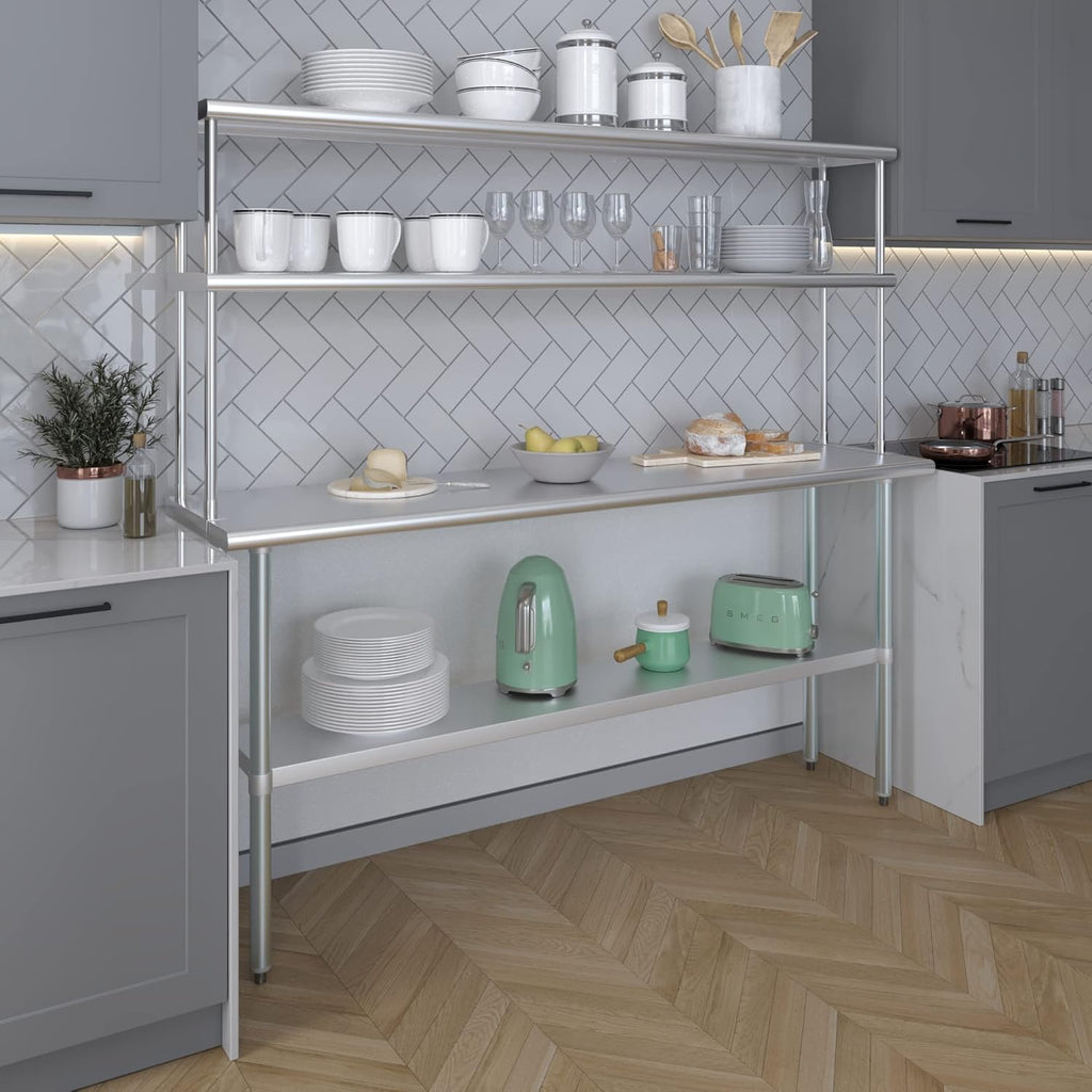 Amgood Stainless Steel Work Table Double Tier Overshelf | Metal Kitchen Prep Table & Shelving Combo (18" x 72" Work Table + 12" Overshelf)