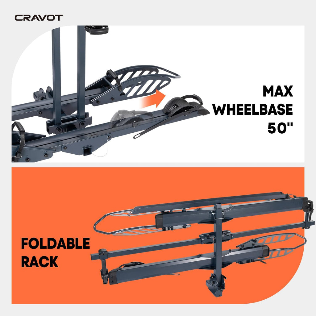 CyberRack E2 Hitch 2 E-Bike Rack with Ramp,200 lbs Capacity Electric Bike Carrier Foldable Platform Mount, Up to 5-inch Fat Tire Bicycle for 2'' Receiver Cars Trucks SUVs Minivans RV, Trailer