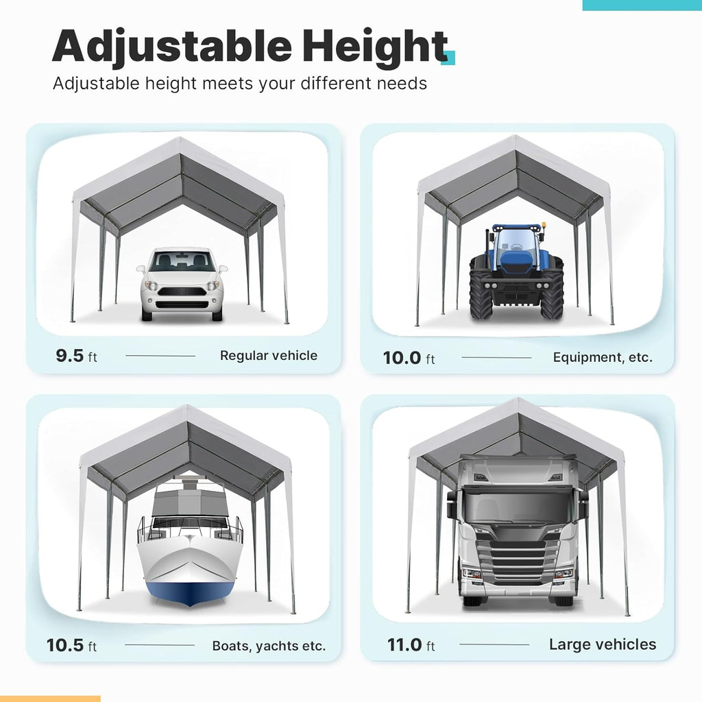 ADVANCE OUTDOOR Adjustable 10x20 ft Heavy Duty Carport Car Canopy Garage Boat Shelter Party Tent, Adjustable Height from 9.5 ft to 11 ft, Gray