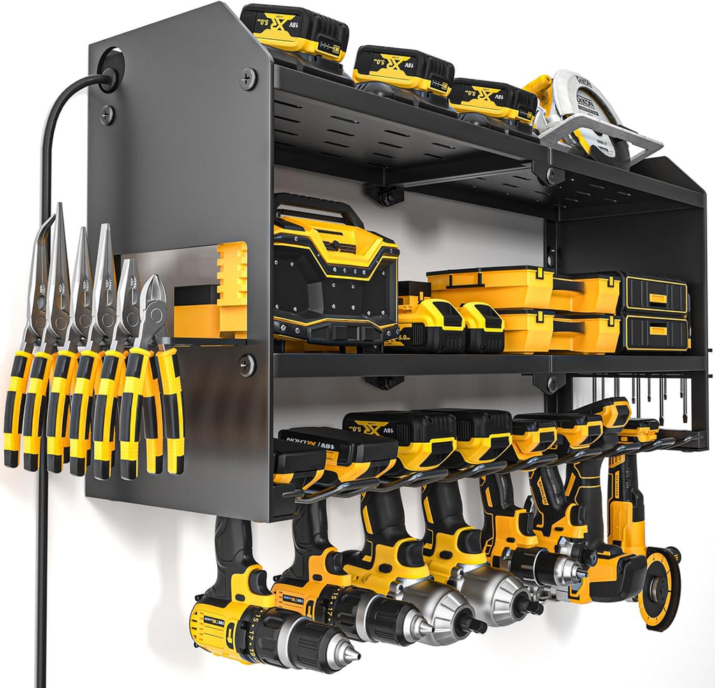 YYR Power Tool Organizer with Charging Station Wall Mount, Cordless Drill and Battery Holder for Garage Organization, Electric Tools Storage Rack Build in Surge Protection Power Strip - Black Shelf