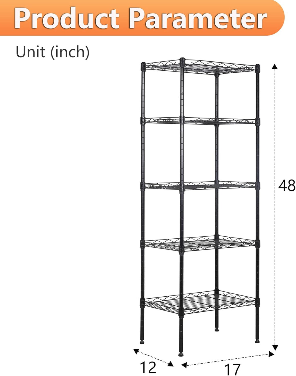 BestOffice 5 Tier Garage Shelving Heavy Duty Metal Shelves 17”D x 12”W x 48”H Easy Assemble Storage Shelves NSF Certified Wire Shelving with Leveling Feet for Garage Home Office, Black