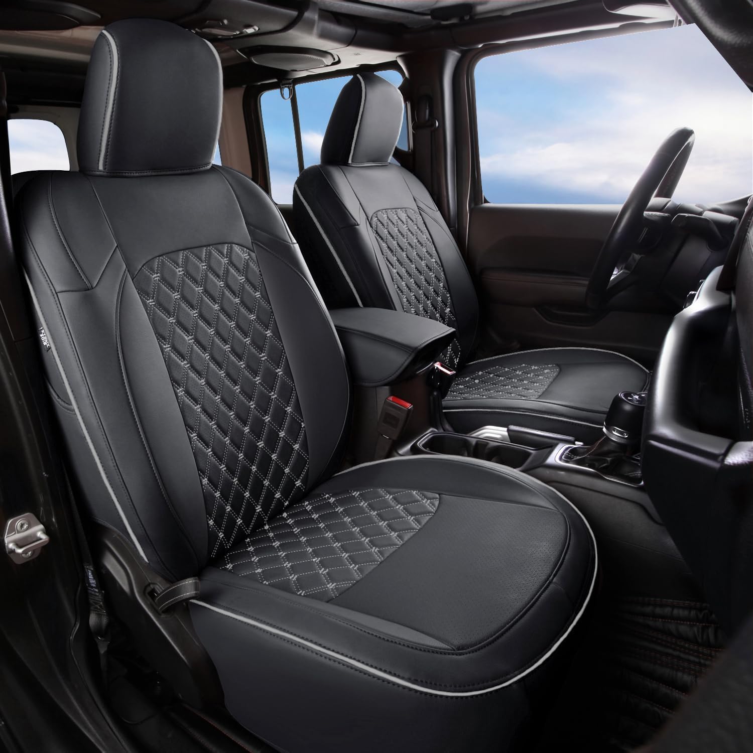 GIANT PANDA Fit Full Set Car Seat Covers for Jeep Wrangler 4 Door JL Sahara Altitude Rubicon 392 Unlimited 2018 2019 2020 2021 2022 2023 2024 2025 with Rear Cup Holder,Faux Leather - (Black+Gray)