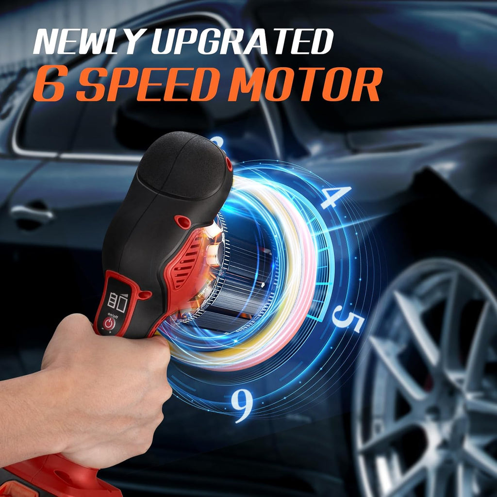 Cordless Car Buffer Polisher w/ 2x2000mAh 21V Batteries, 6 Inch Car buffer Waxer Kit, Car Polishing Machine w/ Extra 18 PCS Attachments & 6 Variable Speed, Car Buffer Polisher for Car Detailing (Red)