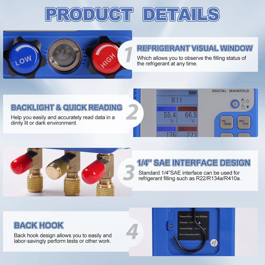 Digital Manifold Gauge Set, HVAC Pressure and Air Tightness Test Gauges, Refrigerant AC Gauges with 3 Hoses, for R22/R410A/R134A Refrigerant Recharge Kit