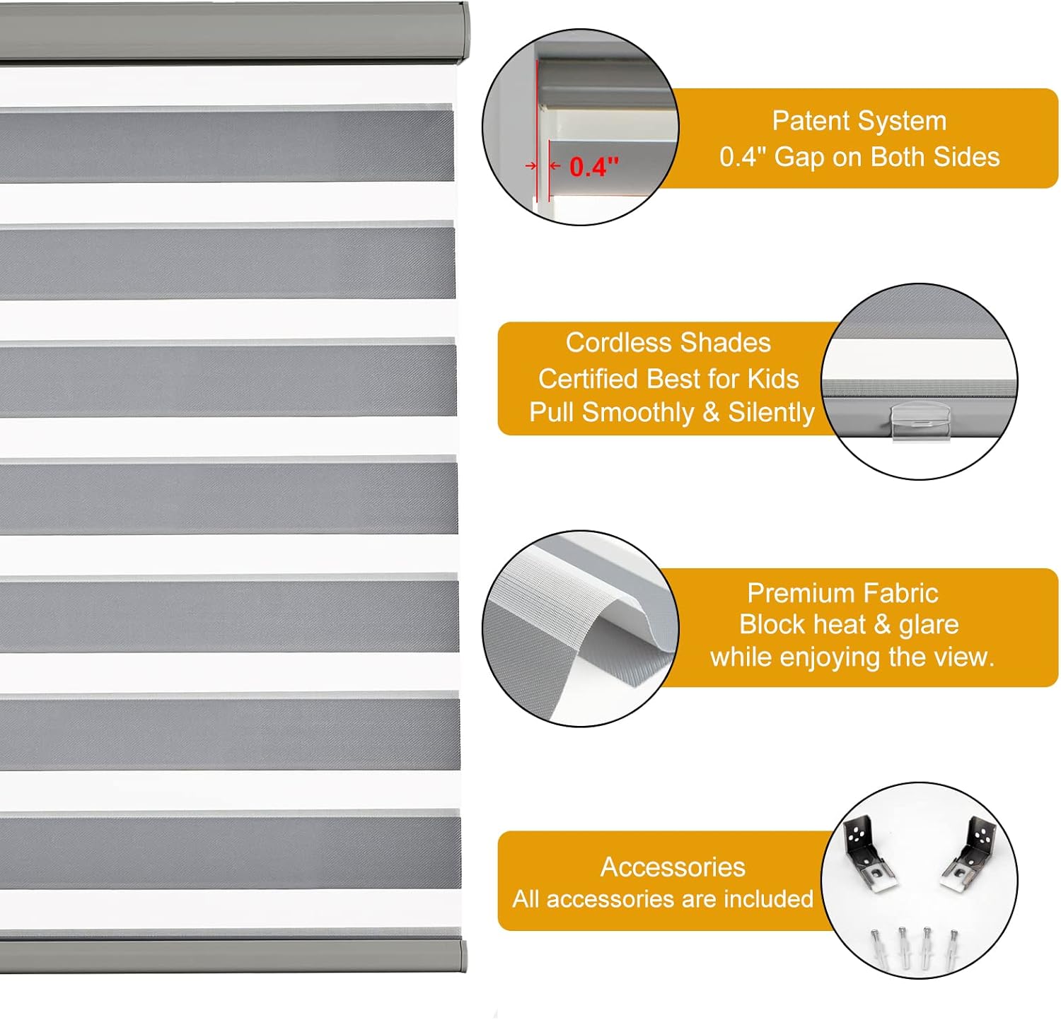 Persilux Cordless Zebra Blinds for Indoor Windows, Free-Stop Cordless, Light Filtering Sheer Shades Dual Layer for Day and Night, Roller Shades for Home (34.25" W X 64" H, Grey)