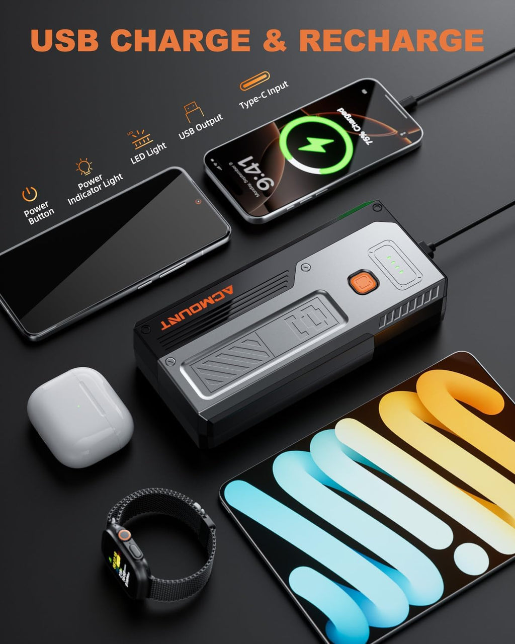 Car Jump Starter 4000A,Portable Car Battery Jump Starter for Up to 8L Gas & 6.5L Diesel Engines, 12V Jump Starter Power Pack with 3 Modes LED Light, USB Quick Charge